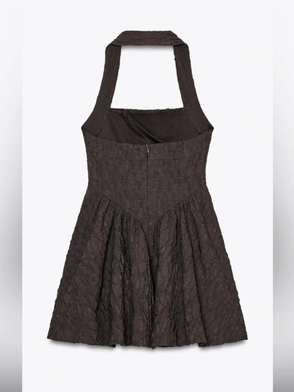 Zara textured chocolate brown halter mini dress dipped waist small - Picture 5 of 7